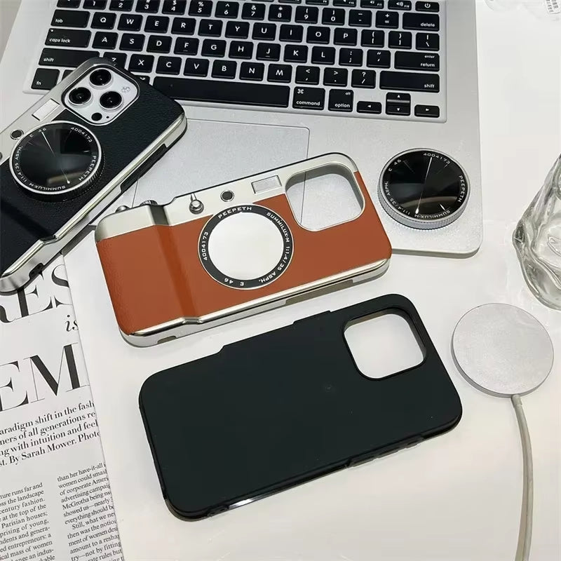 Retro Bluetooth Camera Magnetic Mirror Hard PC Phone Case for Magsafe Iphone 15 14 13 12 Pro Max Cosmetic Mirror 15 Phone Cover